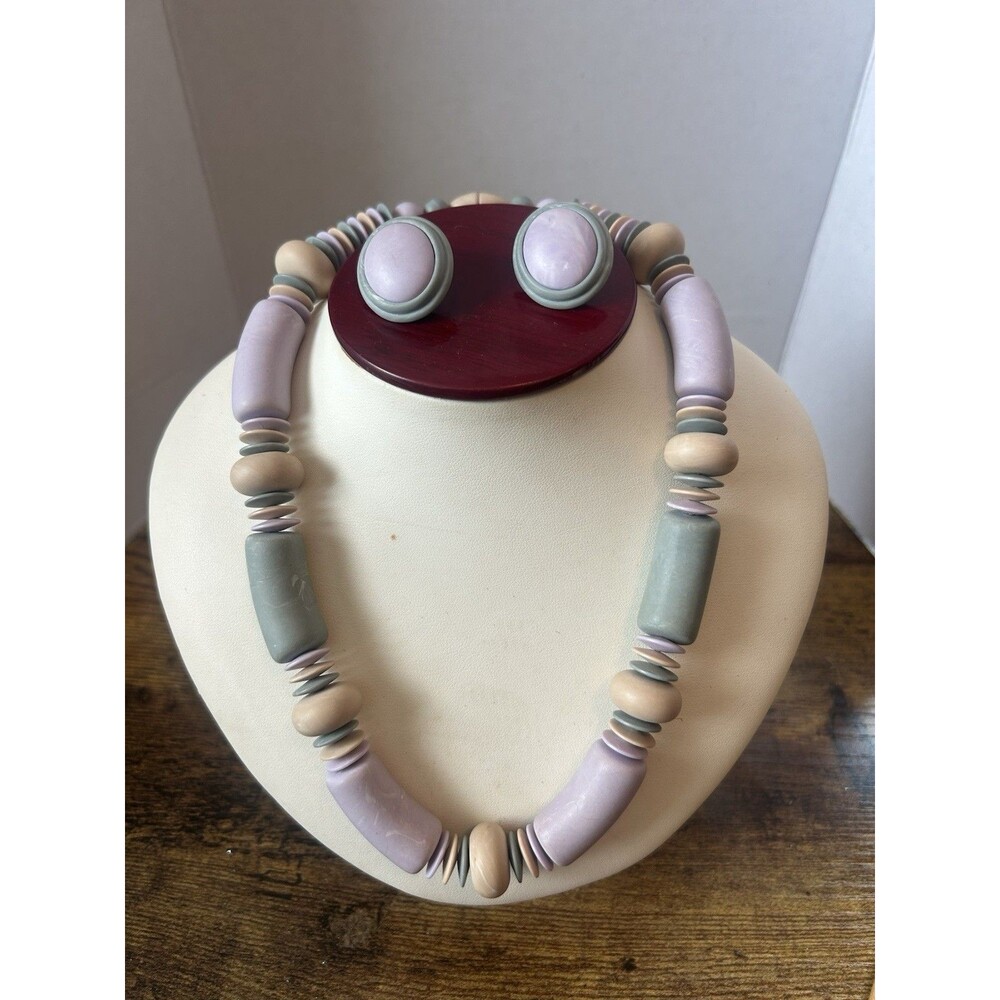 Lot 3 Vintage Beaded Necklaces Pastel Statement Set w Earrings Retro Chic - Picture 2 of 13